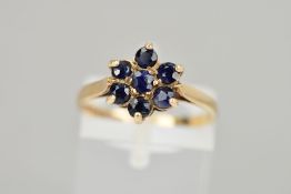 A 9CT GOLD SAPPHIRE CLUSTER RING, the circular shape sapphires are claw set within a cluster,