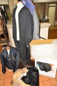 AN EDE AND RAVENSCROFT GRADUATION ROBE AND MORTAR BOARD, size 7 1/4, together with an M&S blazer