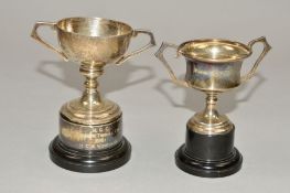 TWO SMALL SILVER TWIN HANDLED TROPHY CUPS, both with black plastic bases, Birmingham 1959 and