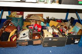 FIVE BOXES AND LOOSE SUNDRY ITEMS to include vintage hand bags, teddy bears, treen, jewellery