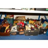 FIVE BOXES AND LOOSE SUNDRY ITEMS to include vintage hand bags, teddy bears, treen, jewellery