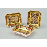 THREE ROYAL CROWN DERBY IMARI PIN TRAYS, '1128', gold banded