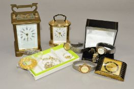 A MIXED LOT to include a brass carriage clock, other watches, costume jewellery, etc