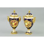 A PAIR OF COALPORT FRUIT DECORATED URN SHAPED VASES AND COVERS, cobalt ground with gilt decoration