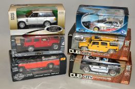 SIX BOXED DIE-CAST CARS, to include Maisto, Hot Wheels, Solido etc