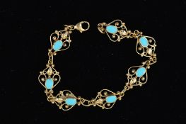 A MODERN 9CT GOLD TURQUOISE FANCY FILIGREE PANEL LINK BRACELET, measuring approximately 190mm in