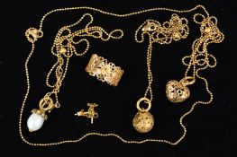 FIVE ITEMS OF GOLD PLATED BLOSSOM COPENHAGEN DANISH JEWELLERY to include a cultured pearl pendant, a