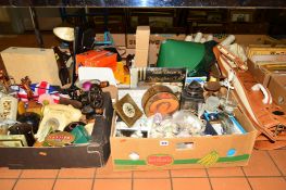 FIVE BOXES AND LOOSE SUNDRY ITEMS, to include shells, telephone, green bowls, signed golf bag,