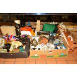 FIVE BOXES AND LOOSE SUNDRY ITEMS, to include shells, telephone, green bowls, signed golf bag,