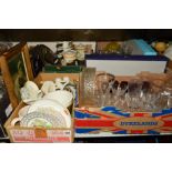 FOUR BOXES OF GLASS, KITCHEN WARES, etc, to include assorted drinking glasses, sauce pans,