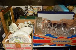 FOUR BOXES OF GLASS, KITCHEN WARES, etc, to include assorted drinking glasses, sauce pans,