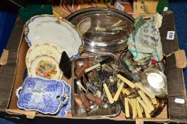 A BOX OF SUNDRIES to include cutlery, entree dish, Royal Doulton 'Bunnykins', blue and white sauce