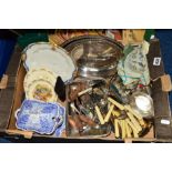 A BOX OF SUNDRIES to include cutlery, entree dish, Royal Doulton 'Bunnykins', blue and white sauce