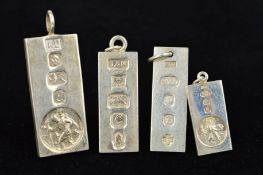 FOUR SILVER INGOT PENDANTS, all of rectangular outline, two with St Christopher on them, lengths