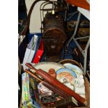 A BOX AND LOOSE SUNDRY ITEMS to include a Harvey 'Folding' vacuum cleaner (sd), two parasols,