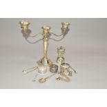 AN ELIZABETH II THREE LIGHT SILVER CANDELABRUM on a hexagonal stem and stepped loaded foot,