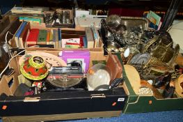 FIVE BOXES AND LOOSE SUNDRY ITEMS, to include books, pictures, mirrors, oil lamp, clock, Remington