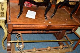 A VICTORIAN FLAME MAHOGANY HALL TABLE, with a gallery top and two small drawers on a turned