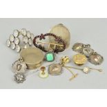 A SELECTION OF JEWELLERY to include five silver medallions, hallmarked, a Scottish stickpin with