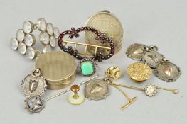 A SELECTION OF JEWELLERY to include five silver medallions, hallmarked, a Scottish stickpin with