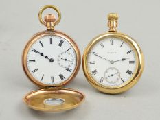 TWO ROLLED GOLD POCKET WATCHES, the first an Elgin open face pocket watch with Roman numeral hour