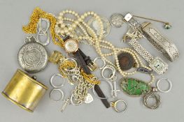 A SELECTION OF JEWELLERY AND OTHER ITEMS to include two ladies wristwatches, rings, earrings,