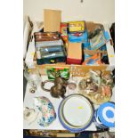 A BOX AND LOOSE SUNDRY ITEMS, CERAMICS, etc, to include Matchbox diecast, Mrs Beeton's book, GWR