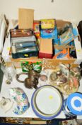 A BOX AND LOOSE SUNDRY ITEMS, CERAMICS, etc, to include Matchbox diecast, Mrs Beeton's book, GWR