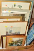 A BOX OF PICTURES AND PRINTS etc, to include a watercolour painting of a row of cottages, signed J.