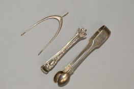 THREE PAIRS OF SILVER SUGAR TONGS, the first of spring release wishbone design, hallmarked