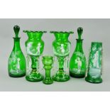 A GROUP OF MARY GREGORY STYLE GREEN GLASS ITEMS, to include a pair of lustres, approximate height