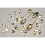 A SELECTION OF SIXTEEN SILVER SPOONS, of varying designs to include three teaspoons by Walker & Hall