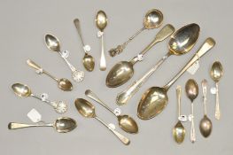 A SELECTION OF SIXTEEN SILVER SPOONS, of varying designs to include three teaspoons by Walker & Hall