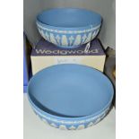 TWO WEDGWOOD LIGHT BLUE JASPERWARE FOOTED BOWLS, decorated with Acanthus leaves, diameter 26cm,