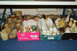 FIVE BOXES AND LOOSE CERAMICS AND STONEWARE to include a box of tea wares, a box of oven wares,