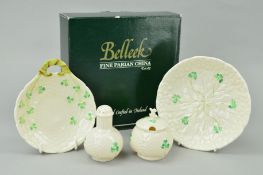 FOUR PIECES OF BELLEEK 'SHAMROCK' PORCELAIN, with two boxes (three various backstamps, one unmarked)