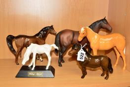FIVE BESWICK HORSES, Shetland Pony 'Eschonchan Ronay' No 1648, Palomino H259, Quarter Horse No