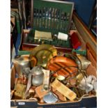 TWO BOXES AND LOOSE SUNDRIES, to include part canteen of cutlery, boxed cutlery and loose, pictures,