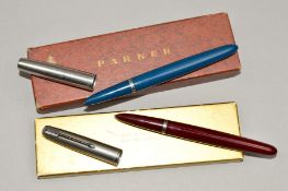 A BOXED PARKER 51 FOUNTAIN PEN in burgundy with a Lustraloy cap and another '51' in teal and