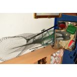 VARIOUS FISHING ACCESSORIES, etc to include two nets (Snowbee), hooks, Hardy reel, Intrepid