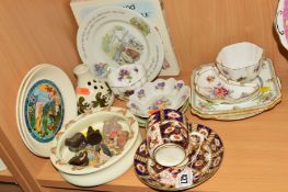 A SMALL GROUP OF CERAMICS to include Imari cup and saucer, Doulton Bunnykins bowl, Wedgwood, Derby
