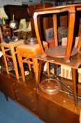 A QUANTITY OF OCCASIONAL FURNITURE to include two occasional tables, two stools, two oak stands,