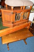 AN OLD CHARM OAK TWO DOOR CORNER TV STAND and a similar coffee table (2)