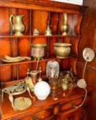 A QUANTITY OF BRASS AND COPPER to include companion set, trivet, coal scuttle, various lights,