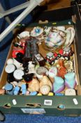 A TRAY OF NOVELTY CRUET SETS, TEAWARES etc, to include Royal Albert 'Sapphire' teawares (seconds) (