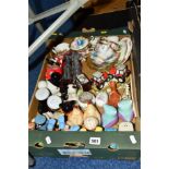 A TRAY OF NOVELTY CRUET SETS, TEAWARES etc, to include Royal Albert 'Sapphire' teawares (seconds) (