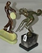 AFTER LORENZL, an Art Deco style bronzed spelter figure of a girl with a tambourine, on a green onyx