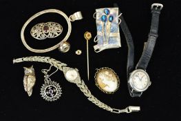 A SELECTION OF SILVER AND WHITE METAL JEWELLERY AND TWO WATCHES to include a lady's wristwatch