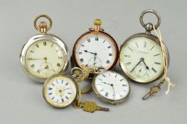 AN ASSORTED COLLECTION OF SILVER AND STAINLESS STEEL POCKET WATCHES, five in total to include a