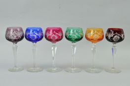 SIX HARLEQUIN HOCK GLASSES